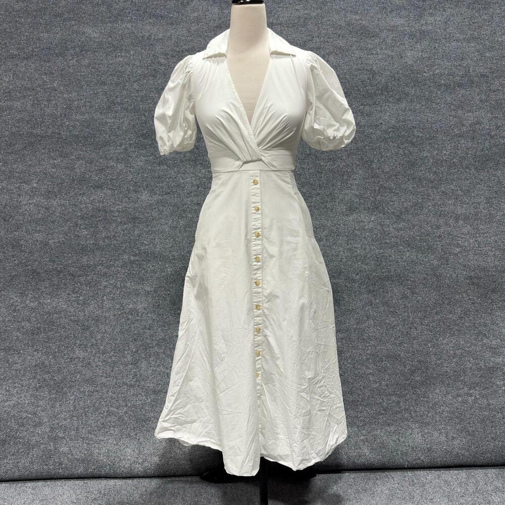 Hutch Dress Womens 0 White Puff Sleeve Button Front Fit Flare Shirt Maxi V Neck